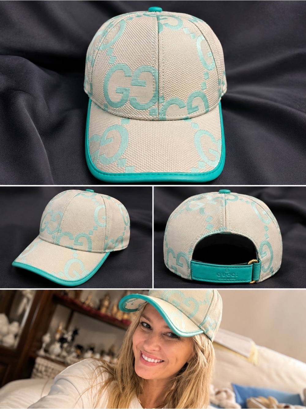 Beige & Turquoise GG Canvas Baseball Cap